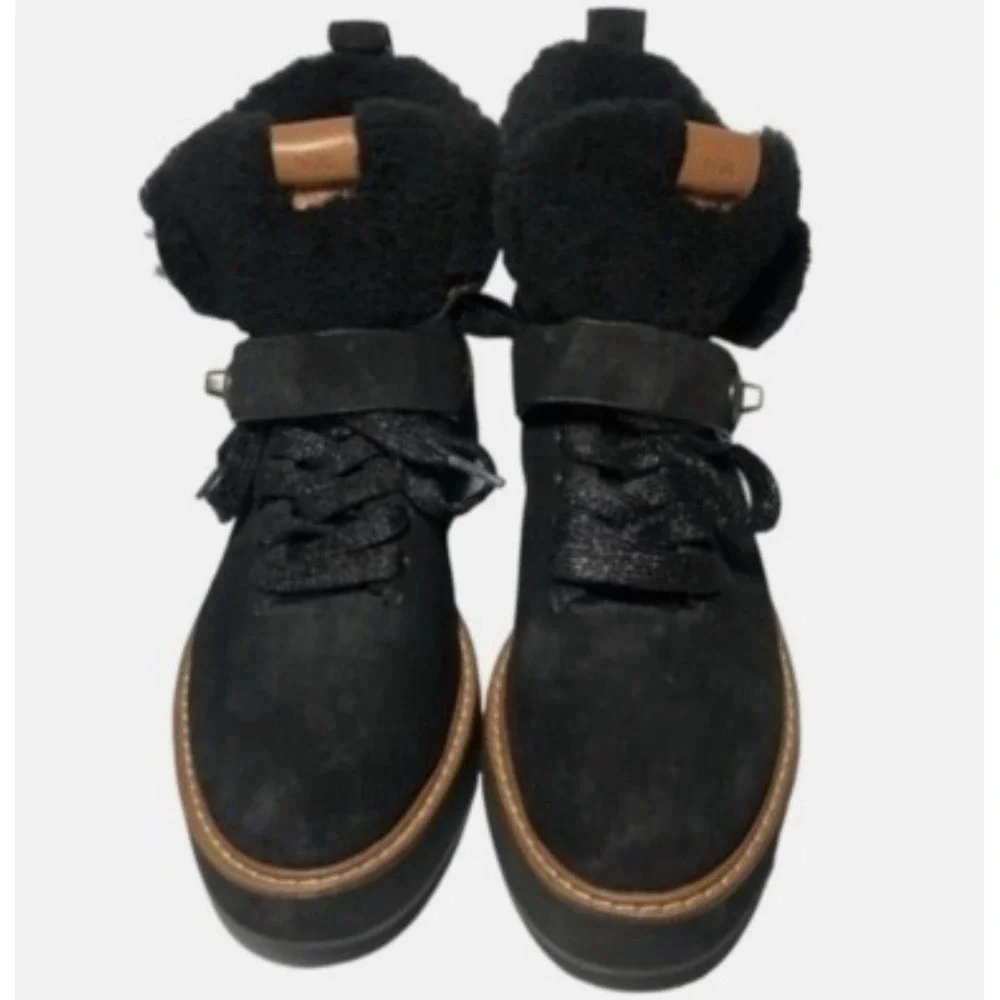 COACH G1354 Urban Hiker Shearling Suede Platform Ankle Boots Black 8.5